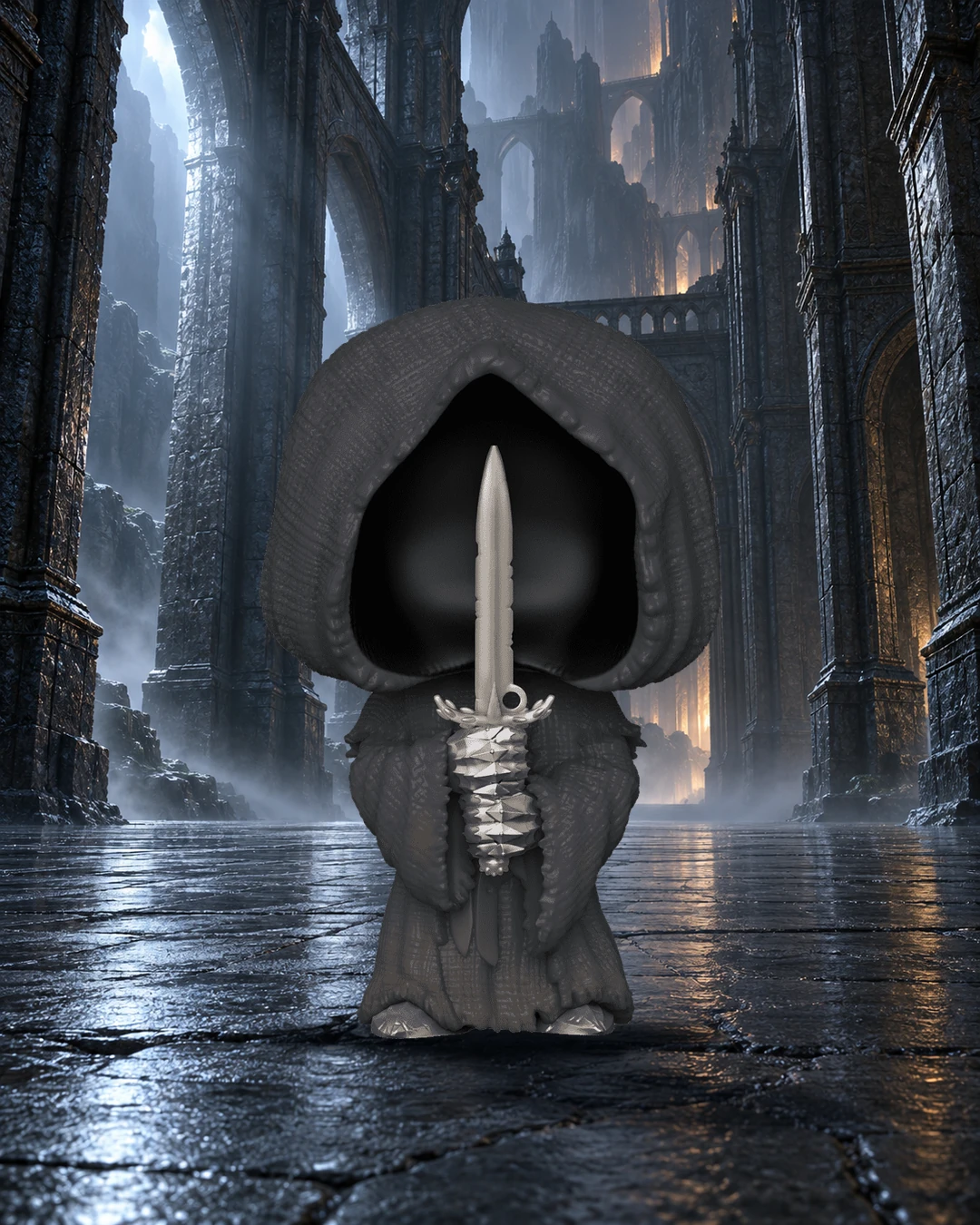 Nazgûl sous sa capuche, épée verticale, centré dans un passage aux hautes arches de pierre.