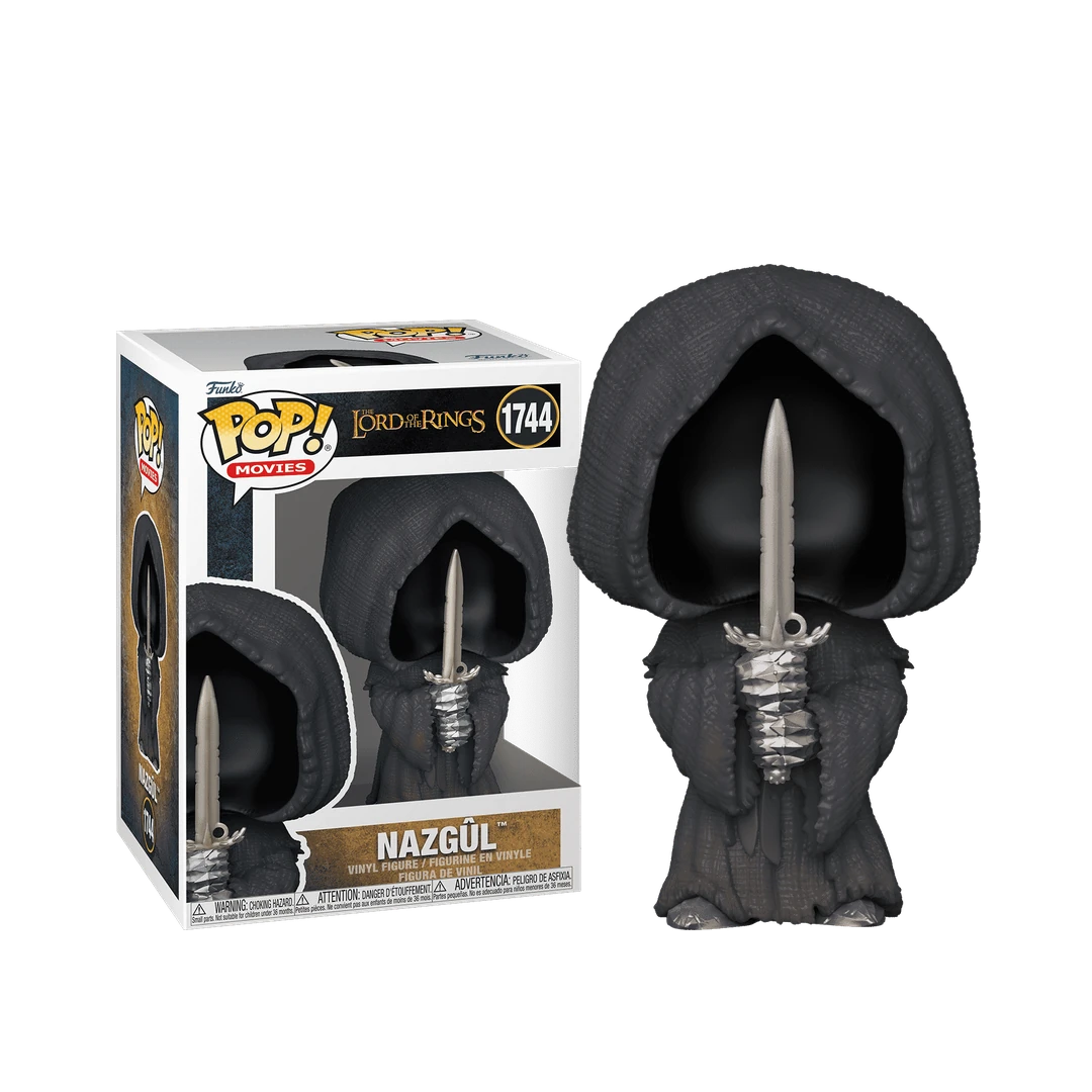 Funko Pop! Movies Nazgûl n° 1744, capuche sombre et épée verticale, à côté de sa boîte.
