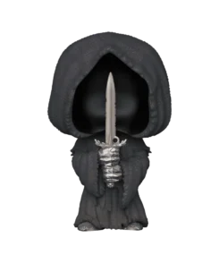 Nazgûl sous une grande capuche noire sans visage apparent, tenant une épée verticale devant lui.