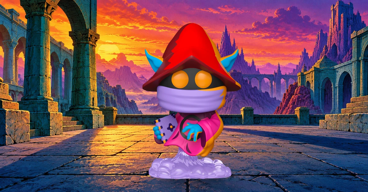 Orko Comic Deco n° 1777 dans une cour de temple illustrée au coucher du soleil.