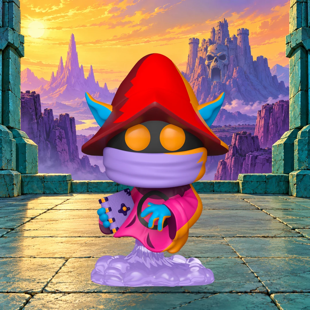 Figurine Orko Comic Deco n° 1777 sur une terrasse de pierre devant un paysage fantastique illustré.