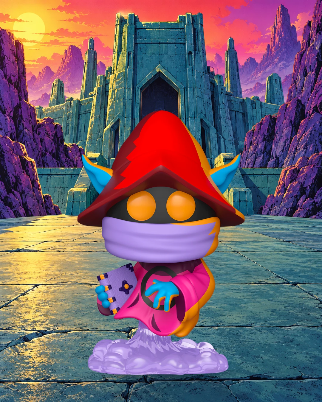 Orko Comic Deco n° 1777 devant un temple turquoise dans un paysage illustré violet et doré.
