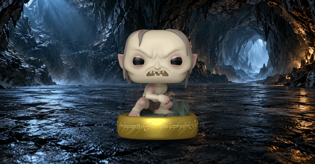 Gollum et son socle-anneau au premier plan d’une cavité rocheuse, composition panoramique.