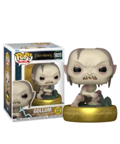 Figurine Funko Pop! Plus Gollum n° 1831 sur son socle-anneau, à côté de sa boîte officielle.