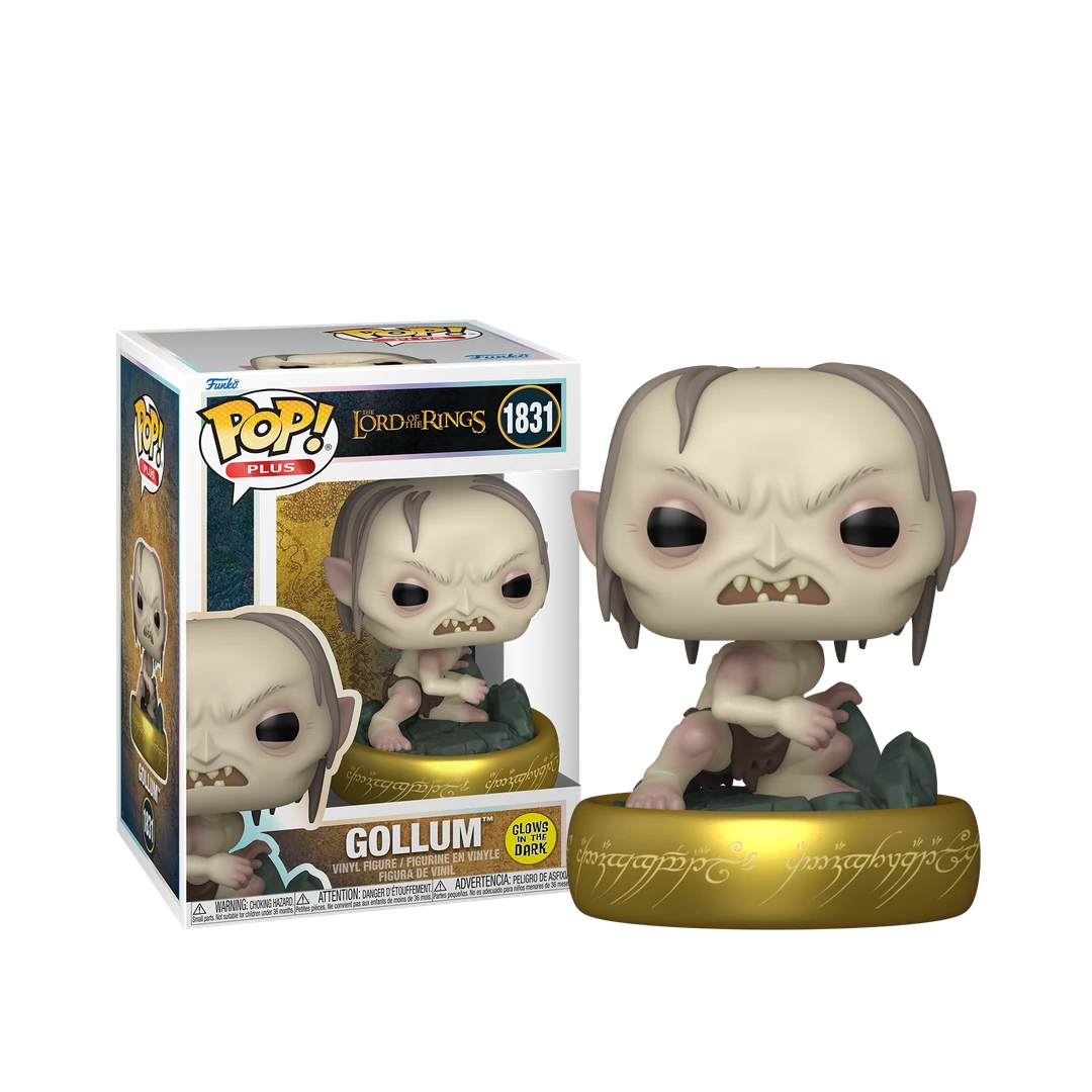 Figurine Funko Pop! Plus Gollum n° 1831 sur son socle-anneau, à côté de sa boîte officielle.
