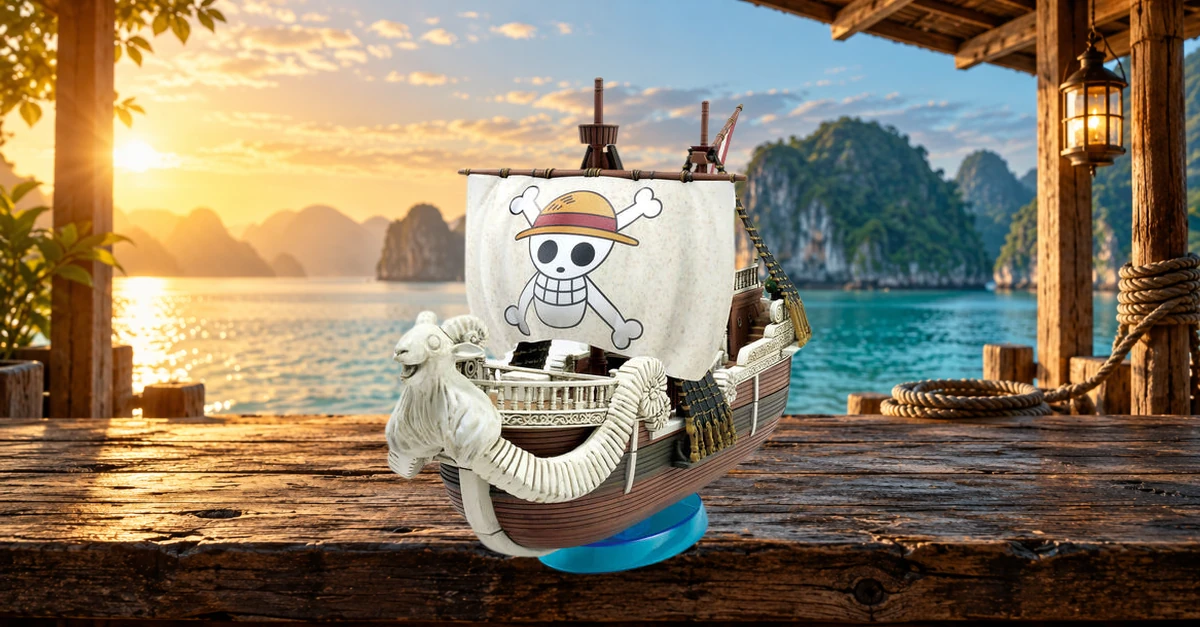 Going Merry Netflix Bandai assemblé sur une table en bois dans un décor maritime illustratif au lever du soleil.