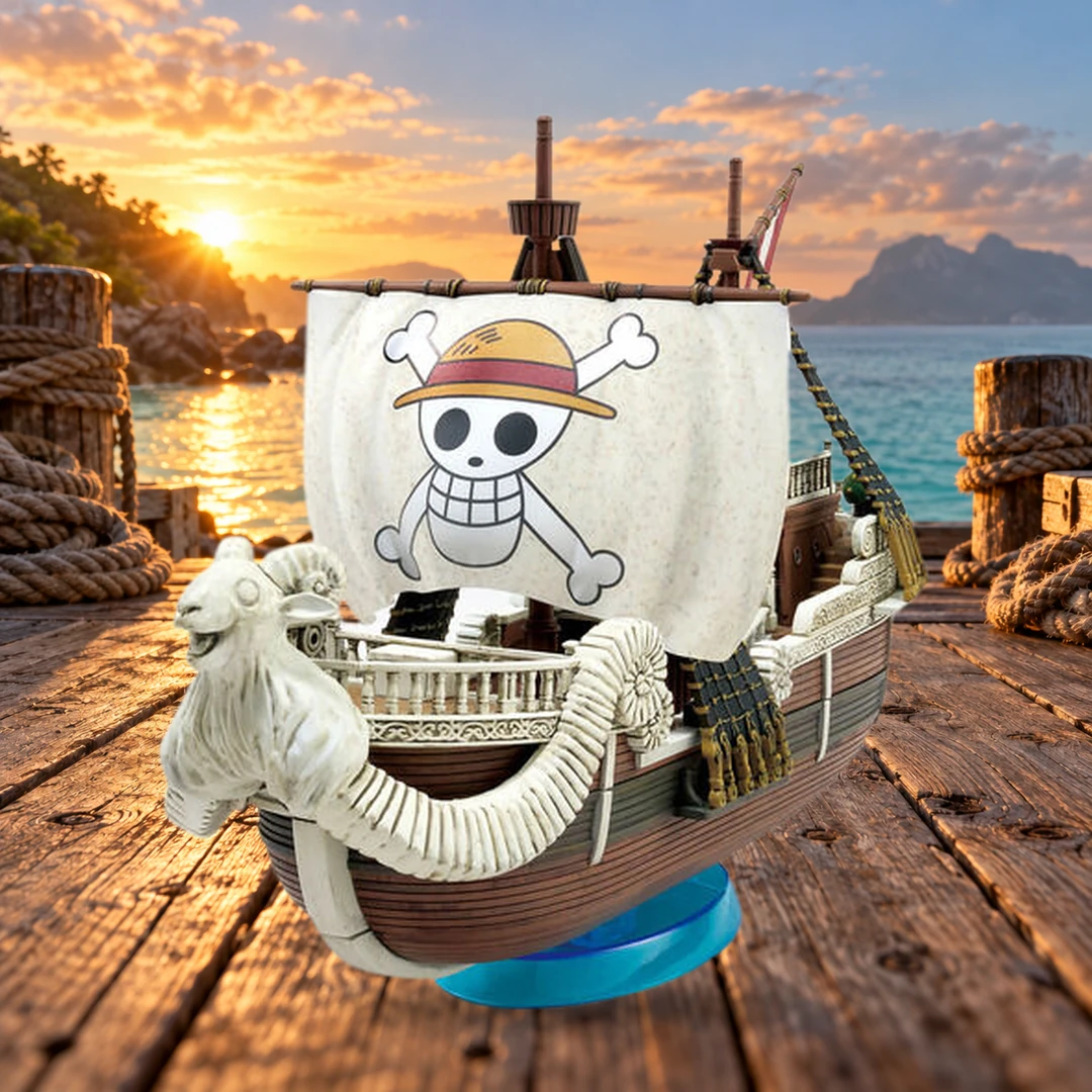 Maquette Going Merry Netflix assemblée sur son support, dans un décor illustratif de quai au lever du soleil.