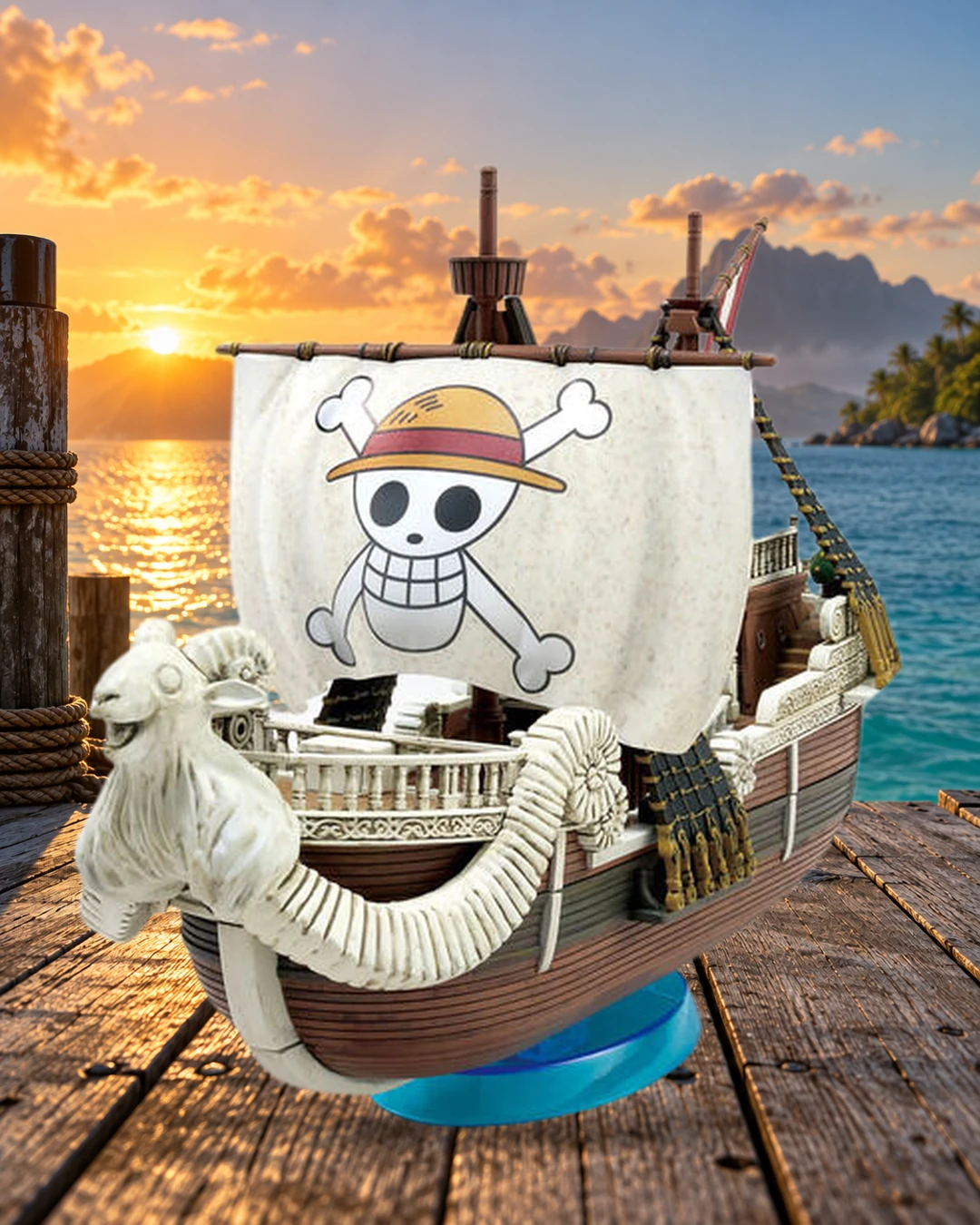 Maquette Going Merry Netflix assemblée, dans un décor portrait de quai et de mer au soleil levant.