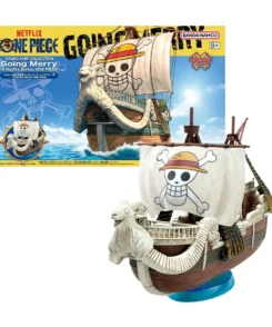 Maquette Going Merry Netflix Bandai présentée assemblée sur son support avec sa boîte Grand Ship Collection.