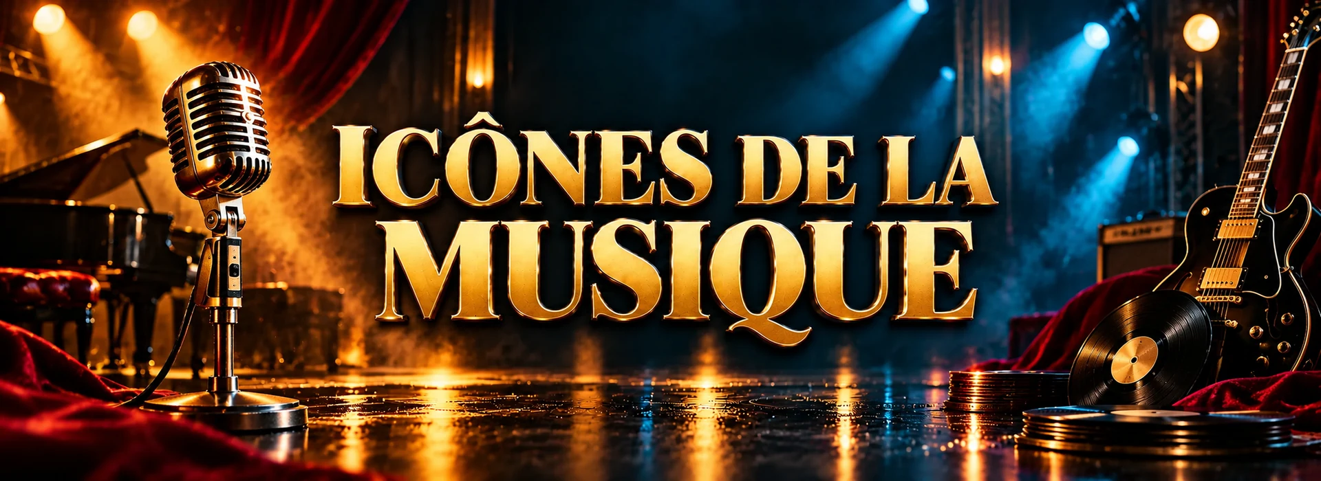 Icônes de la musique : titre doré avec microphone, guitare et disques vinyles dans une ambiance de scène bleu nuit et or.