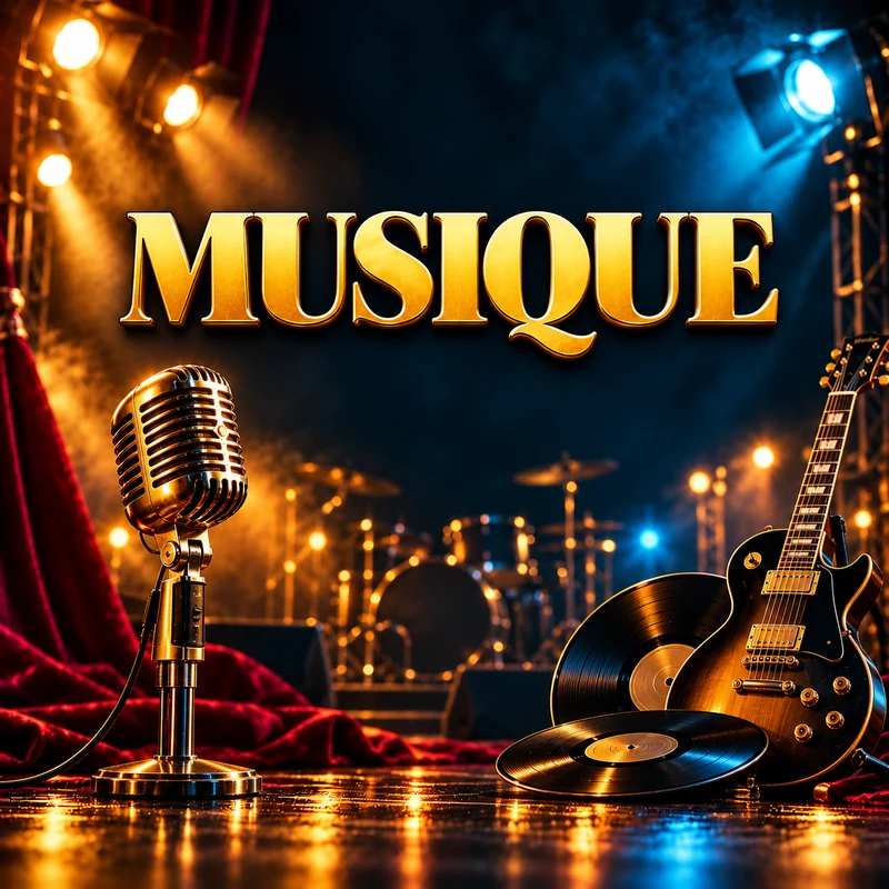 Musique : titre doré au-dessus d’un microphone, de vinyles et d’une guitare sous les projecteurs.