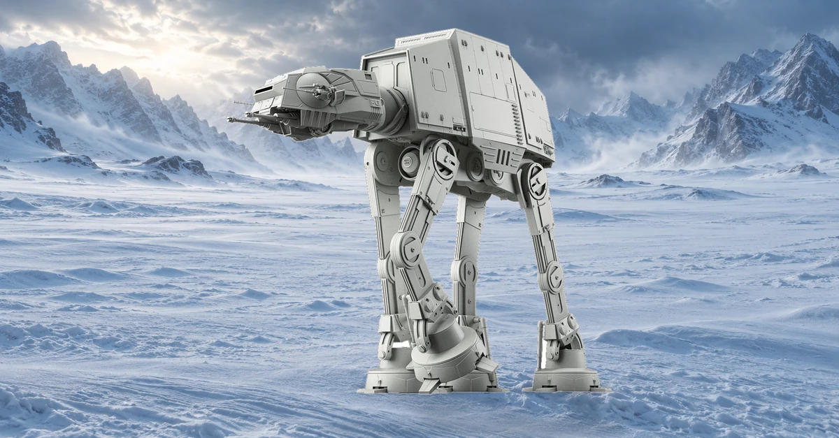 Maquette AT-AT assemblée dans une vallée glacée, composition panoramique.