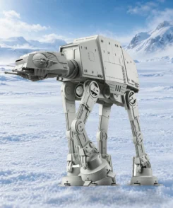 Maquette AT-AT assemblée dans une mise en scène enneigée inspirée de Hoth.