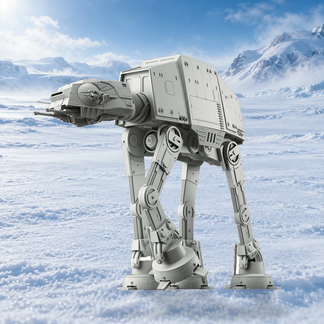 Maquette AT-AT assemblée dans une mise en scène enneigée inspirée de Hoth.