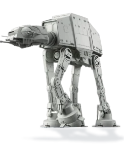 Maquette AT-AT assemblée grise, vue de trois quarts, sans sa boîte.