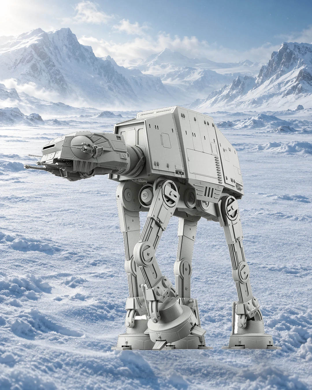 Modèle AT-AT assemblé devant des reliefs enneigés, composition verticale.