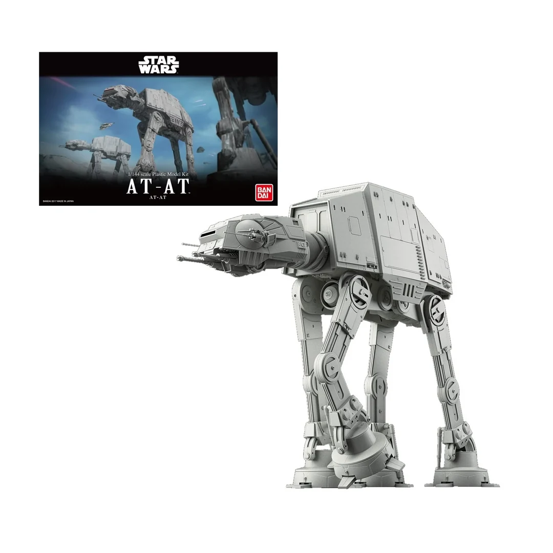 Modèle AT-AT assemblé gris avec sa boîte Bandai Star Wars.
