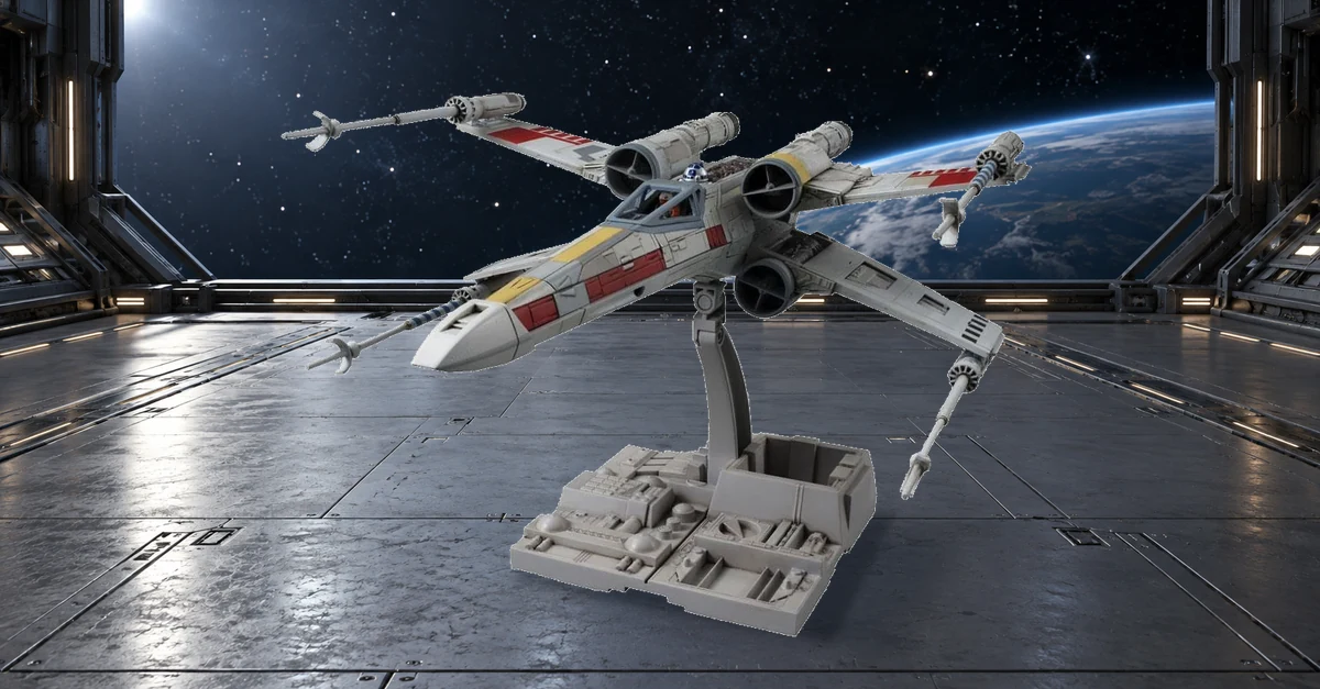 X-Wing assemblé sur son support dans un hangar donnant sur l’espace.