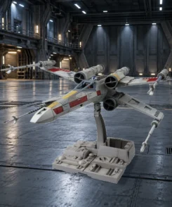Maquette X-Wing assemblée sur son support dans un hangar illustratif.