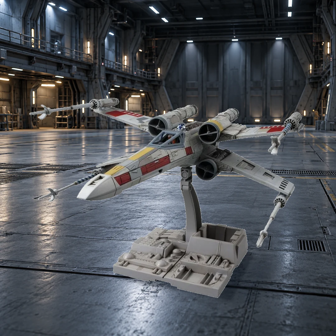 Maquette X-Wing assemblée sur son support dans un hangar illustratif.
