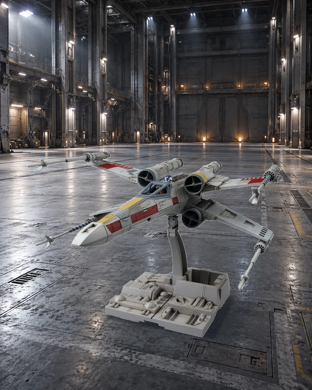 X-Wing assemblé sur son support dans un hangar haut, composition portrait.