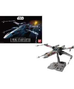X-Wing Starfighter assemblé sur son support avec sa boîte officielle Bandai.