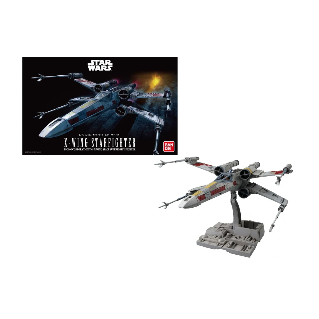 X-Wing Starfighter assemblé sur son support avec sa boîte officielle Bandai.