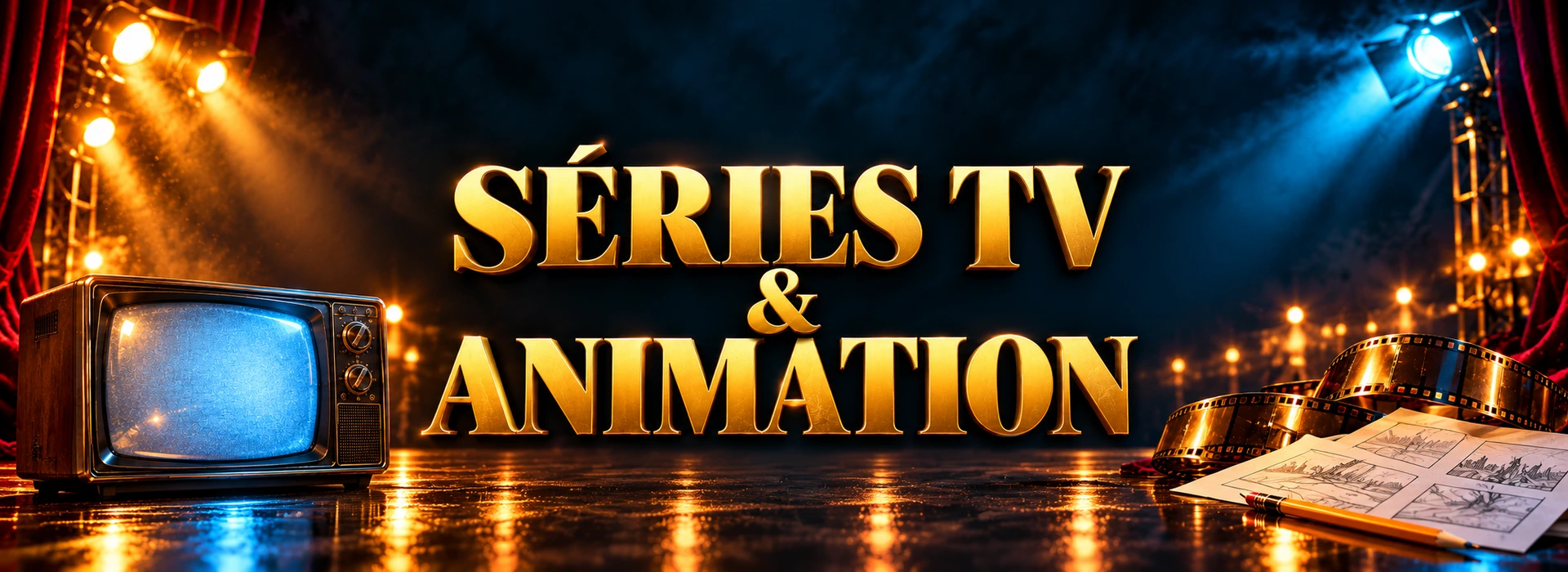 Séries TV & Animation en lettres dorées, avec un téléviseur rétro et des planches de dessin sous des éclairages ambre et bleu.