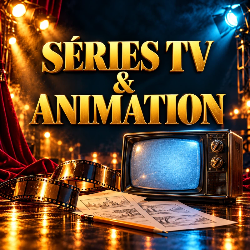 Séries TV & Animation en lettres dorées, avec un téléviseur rétro et des planches de dessin sous des éclairages ambre et bleu.