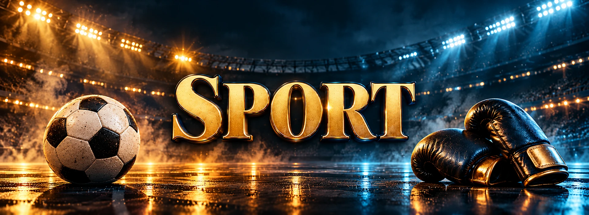 Bannière SPORT avec un ballon de football et des gants de boxe dans un stade aux lumières bleu nuit et or.