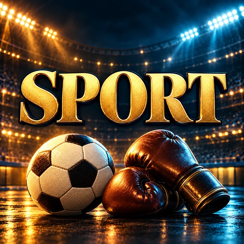 SPORT en lettres dorées, avec un ballon de football et des gants de boxe dans un stade éclairé en bleu et or.