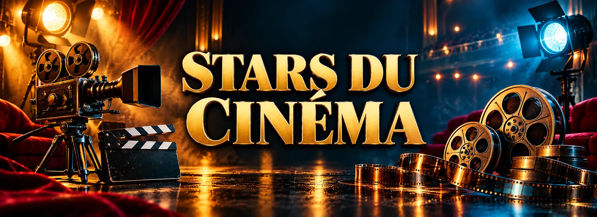 Stars du cinéma : titre doré entouré d’une caméra, d’un clap et de bobines de film.