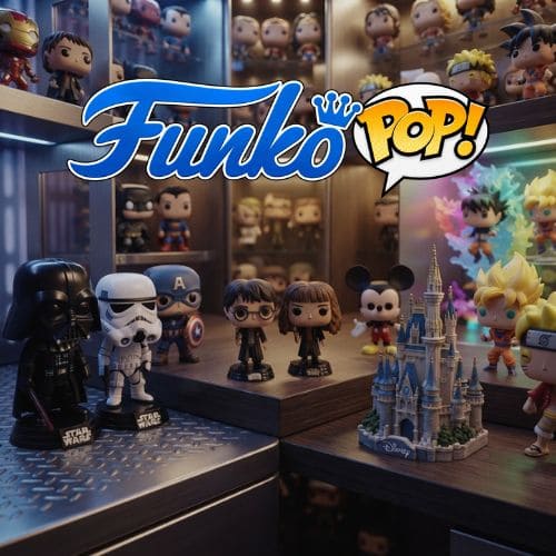 Logo Funko Pop devant une collection de figurines Star Wars, Marvel, Harry Potter, Disney et Dragon Ball exposées dans des vitrines.