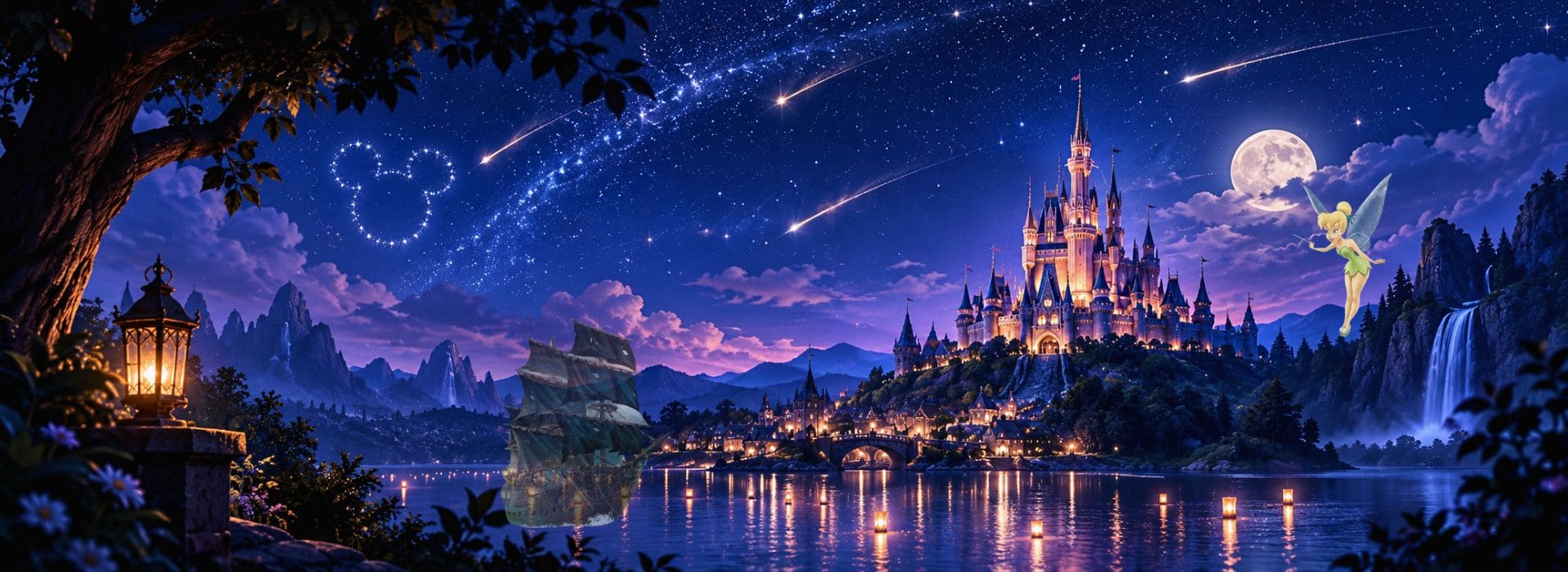 Univers Disney féerique de nuit avec château, ciel étoilé et Clochette