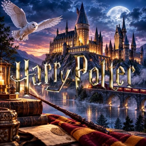 Château de Poudlard illuminé au crépuscule, avec Hedwige, le Poudlard Express et le logo Harry Potter au premier plan.