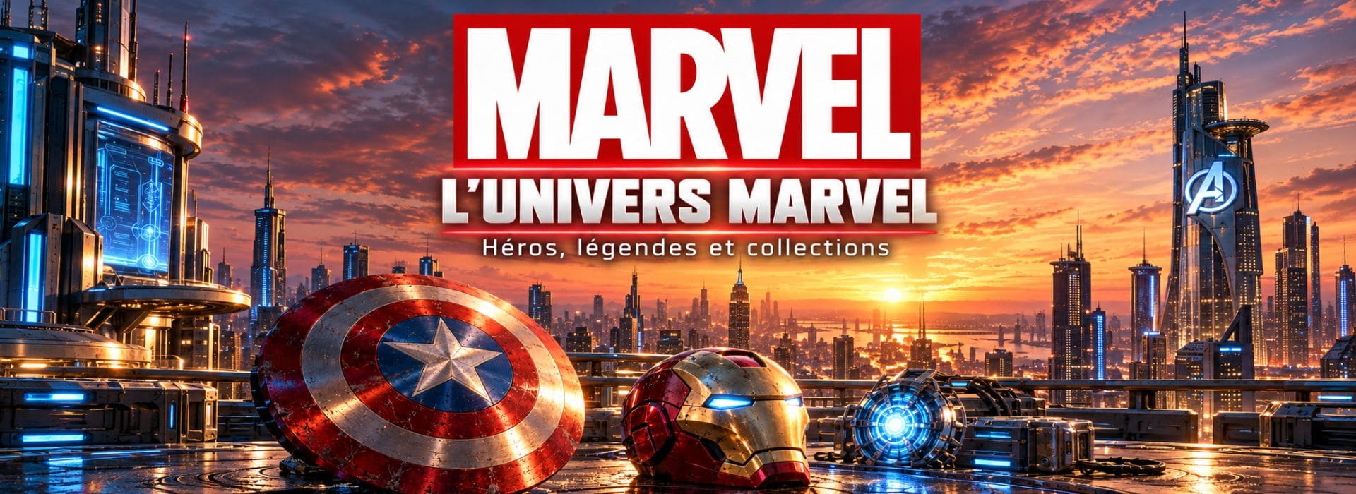 Univers Marvel avec bouclier de Captain America et casque d’Iron Man