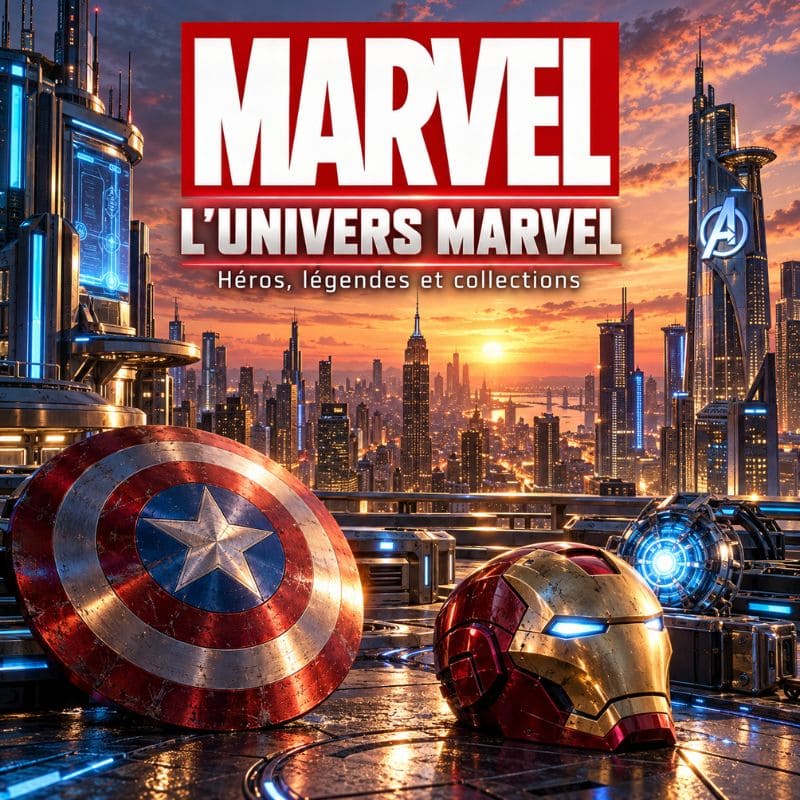Univers Marvel avec bouclier de Captain America et casque d’Iron Man