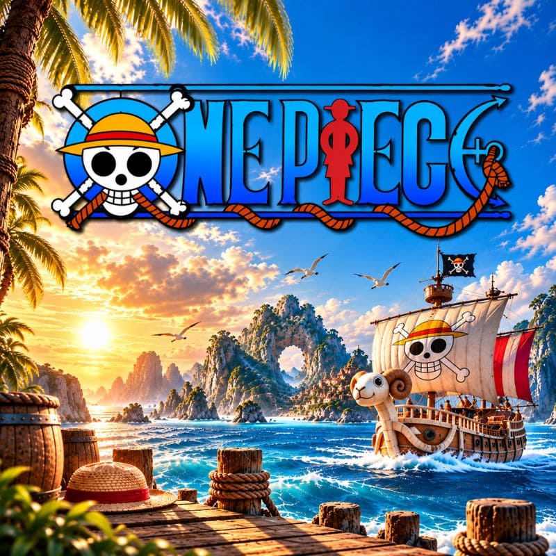 Univers One Piece avec le Thousand Sunny, chapeau de paille et décor maritime